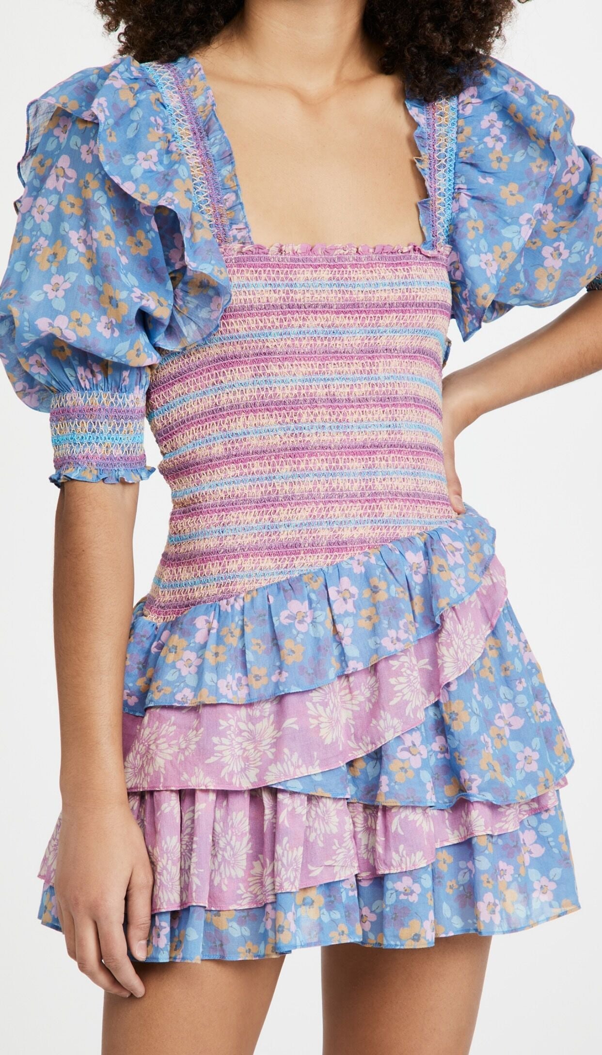 Early Spring Women Clothing Square Collar Ruffled Design Printed Dress for Women Smocked Patchwork Macthing by Ragazza