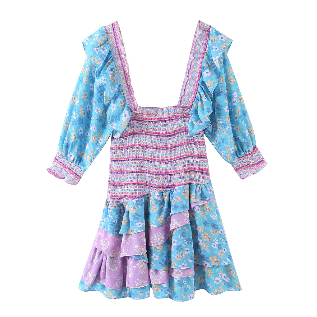 Early Spring Women Clothing Square Collar Ruffled Design Printed Dress for Women Smocked Patchwork Macthing by Ragazza