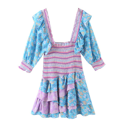 Early Spring Women Clothing Square Collar Ruffled Design Printed Dress for Women Smocked Patchwork Macthing by Ragazza