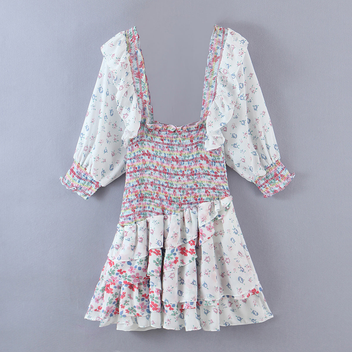 Early Spring Women Clothing Square Collar Ruffled Design Printed Dress for Women Smocked Patchwork Macthing by Ragazza