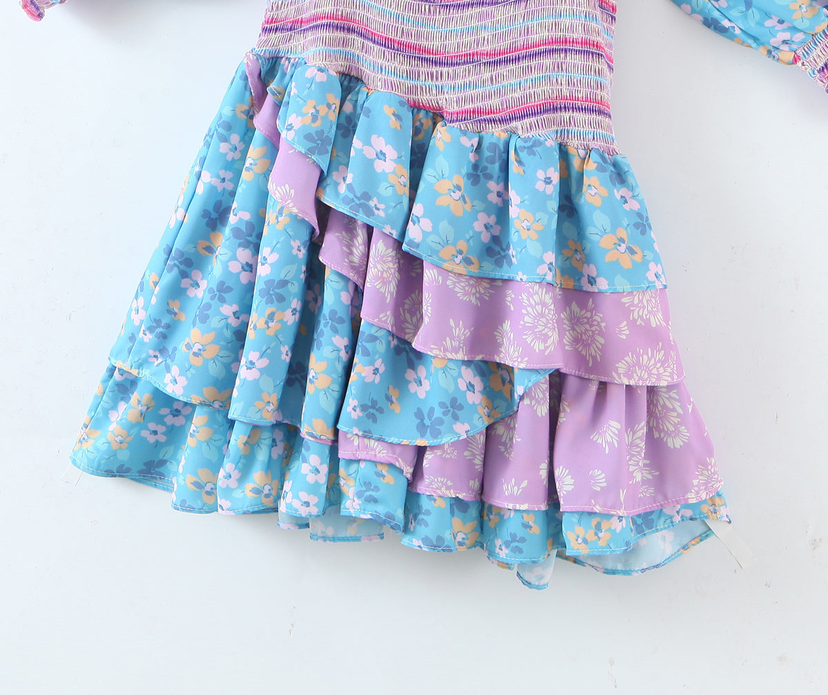 Early Spring Women Clothing Square Collar Ruffled Design Printed Dress for Women Smocked Patchwork Macthing by Ragazza
