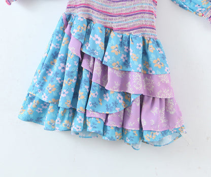 Early Spring Women Clothing Square Collar Ruffled Design Printed Dress for Women Smocked Patchwork Macthing by Ragazza