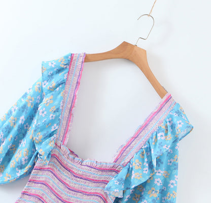 Early Spring Women Clothing Square Collar Ruffled Design Printed Dress for Women Smocked Patchwork Macthing by Ragazza