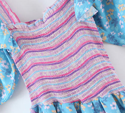 Early Spring Women Clothing Square Collar Ruffled Design Printed Dress for Women Smocked Patchwork Macthing by Ragazza