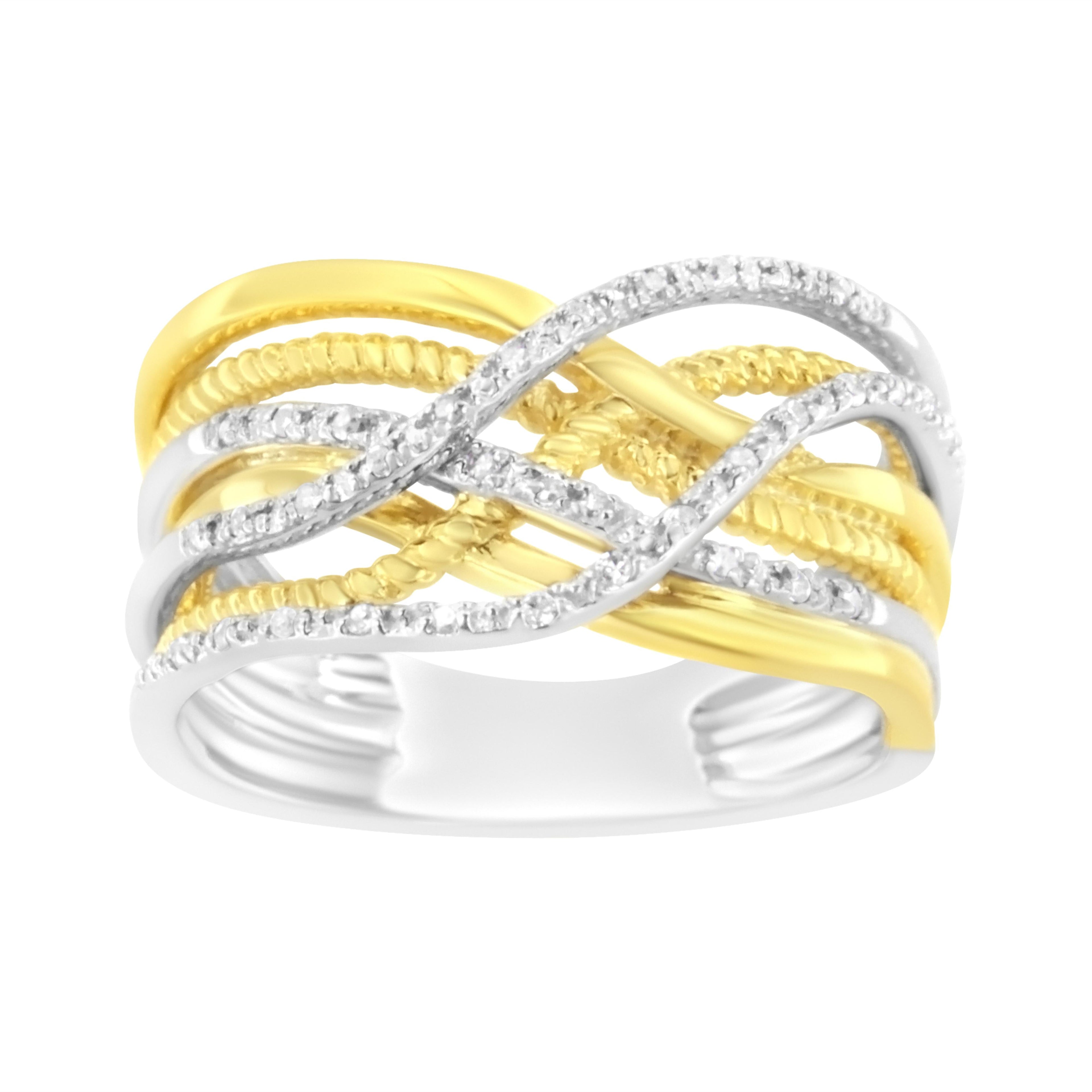 10K Yellow Gold Plated .925 Sterling Silver 1/10 Cttw Diamond Multi Row Crossover Ring Band (I-J Color, I1-I2 Clarity) - Size 7  DestGlow