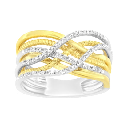 10K Yellow Gold Plated .925 Sterling Silver 1/10 Cttw Diamond Multi Row Crossover Ring Band (I-J Color, I1-I2 Clarity) - Size 7  DestGlow