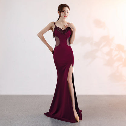Sling Deep V Plunge Evening Party Dress Long Sexy Slim Fit Slit Nightclub Performance Socialite Evening Dress by Ragazza