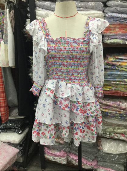 Early Spring Women Clothing Square Collar Ruffled Design Printed Dress for Women Smocked Patchwork Macthing by Ragazza