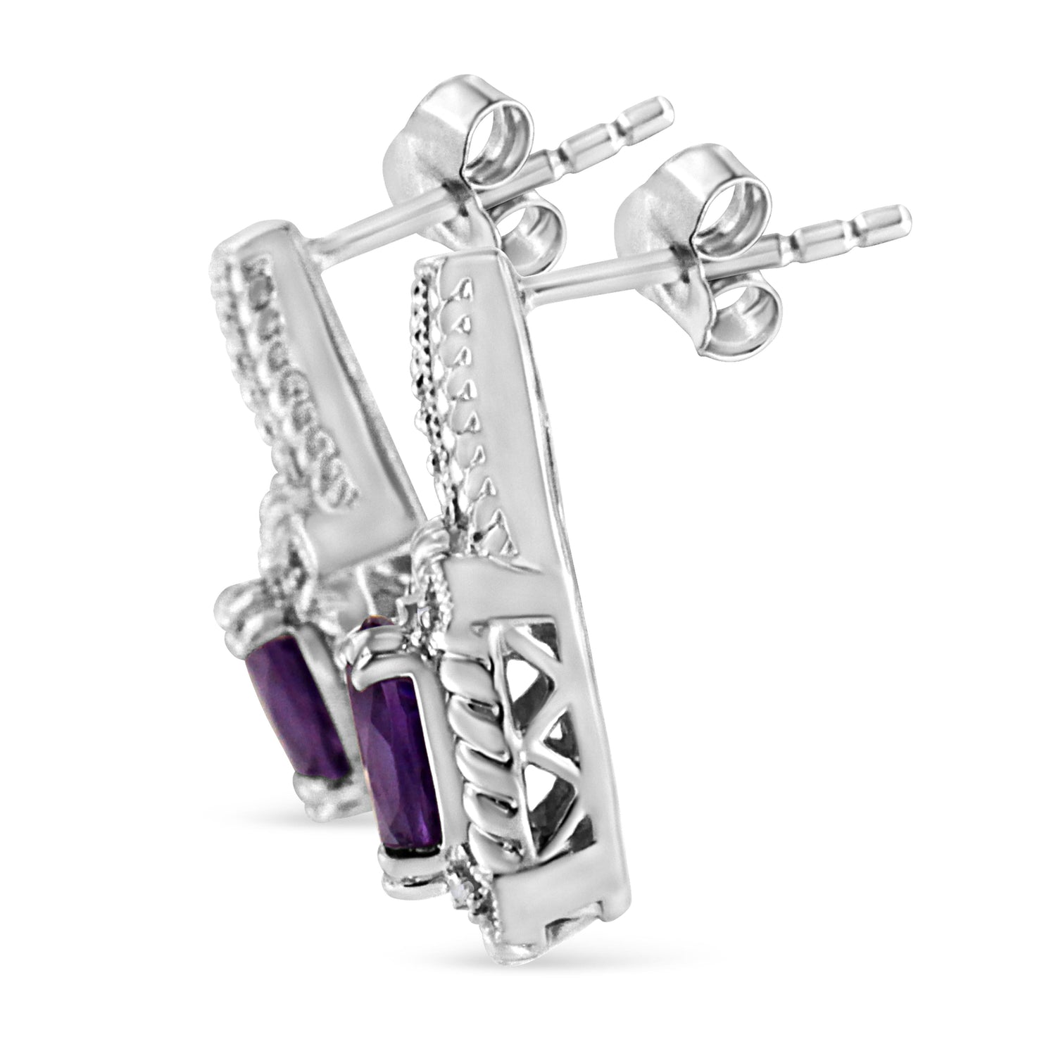 .925 Sterling Silver 8x6 MM Natural Oval Purple Amethyst Gemstone and Diamond Accent Art Deco Style Drop and Dangle Earrings (I-J Color, I1-I2 Clarity) by Bids.com