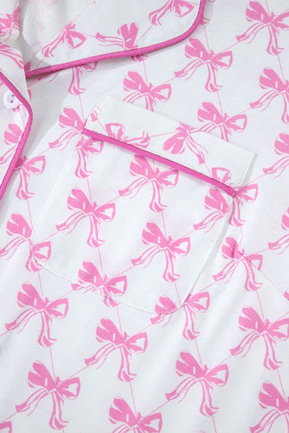 Women's Pink Bow Print Pajama Set - Short Sleeve Top & Ruffled Shorts