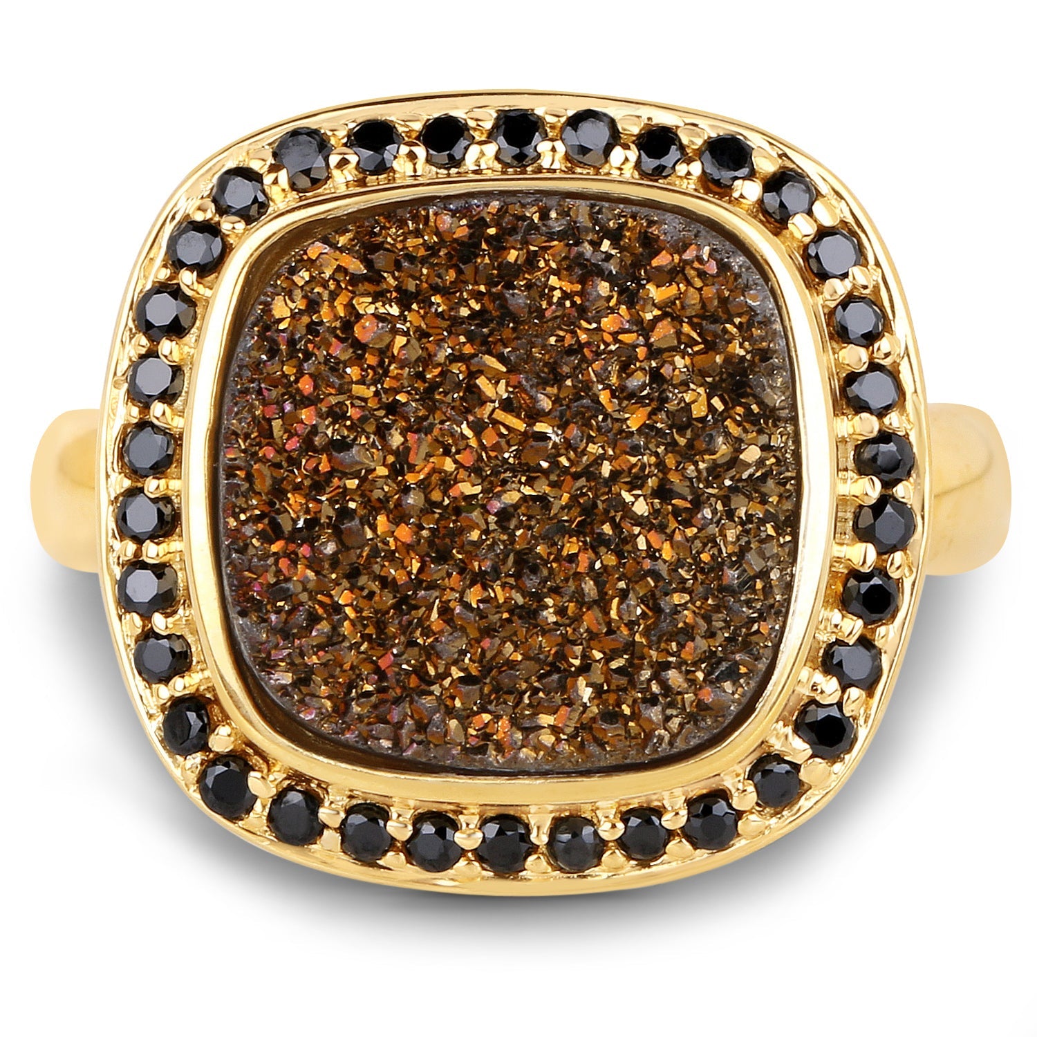 14K Yellow Gold Plated 6.19 Carat Genuine Drusy Quartz and Black Spinel .925 Sterling Silver Ring by Bids.com