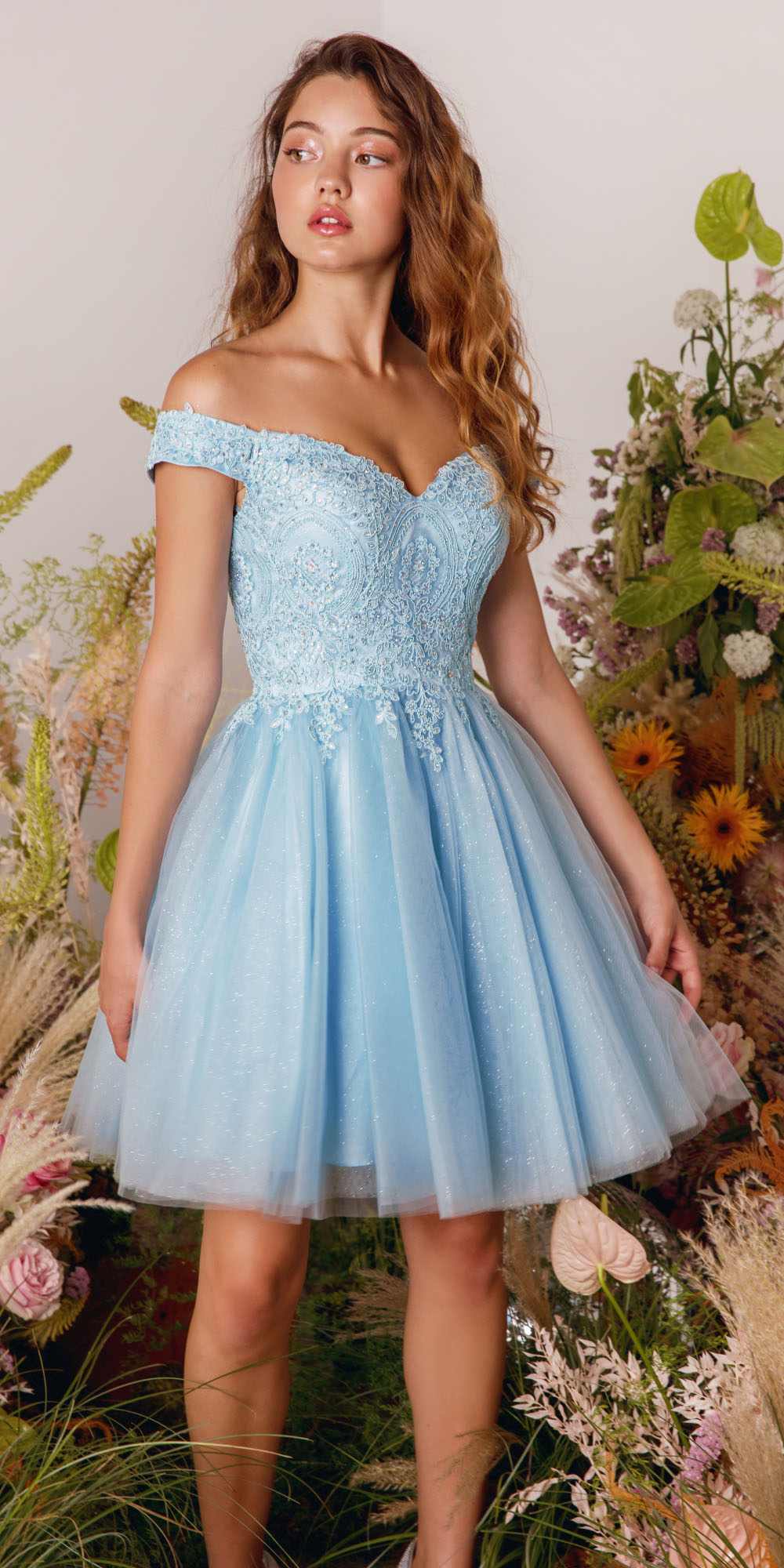 CLEARANCE - Eureka 9833 Short A-Line Off Shoulder Glitter Mesh Dress (Size M) by DiscountDressShop