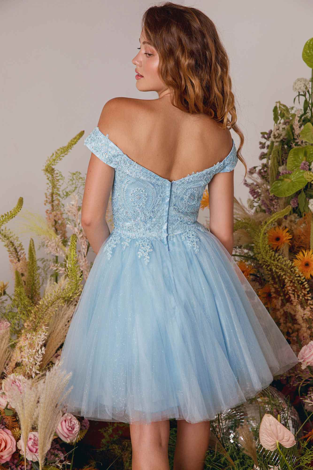 CLEARANCE - Eureka 9833 Short A-Line Off Shoulder Glitter Mesh Dress (Size M) by DiscountDressShop