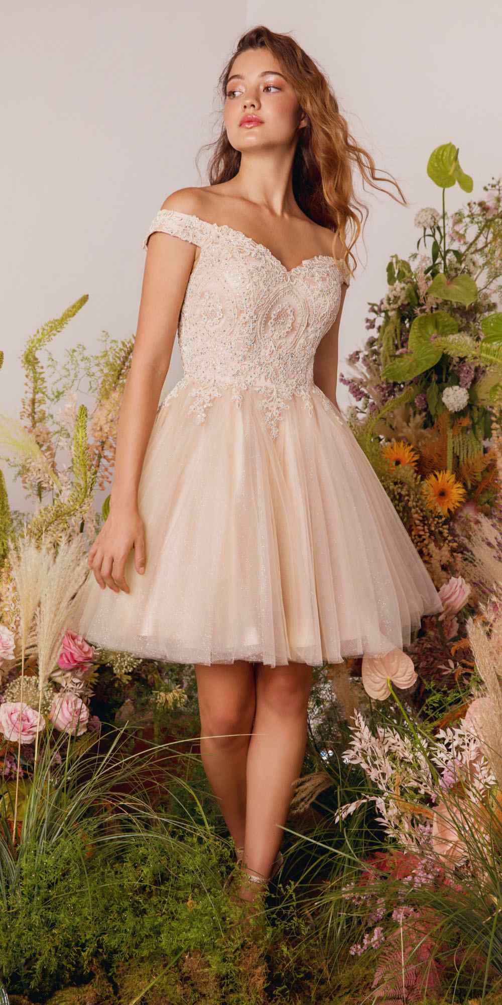 CLEARANCE - Eureka 9833 Short A-Line Off Shoulder Glitter Mesh Dress (Size M) by DiscountDressShop