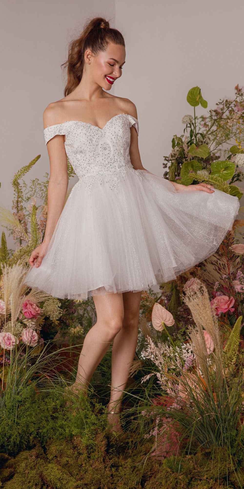 CLEARANCE - Eureka 9833 Short A-Line Off Shoulder Glitter Mesh Dress (Size M) by DiscountDressShop