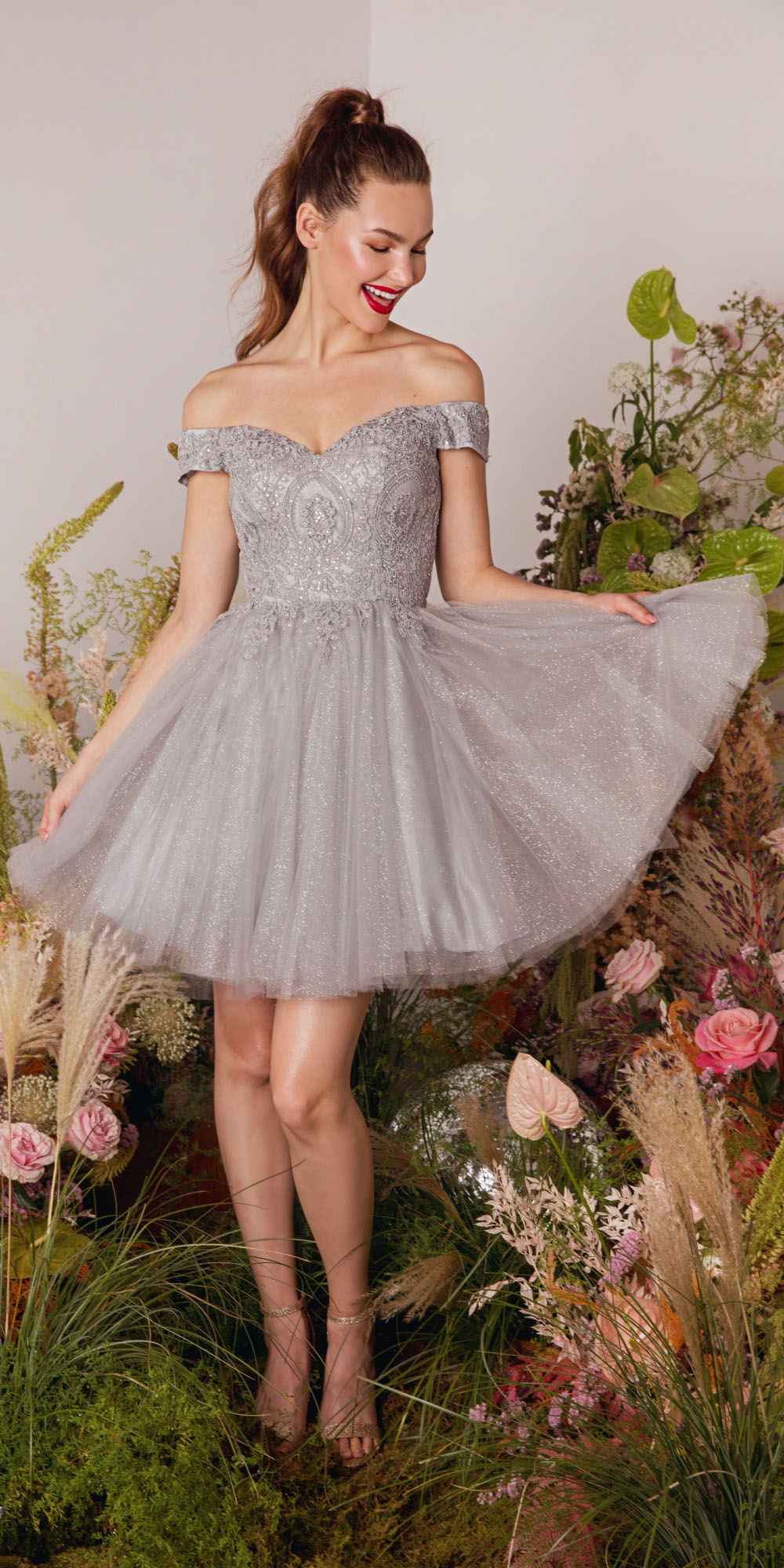 CLEARANCE - Eureka 9833 Short A-Line Off Shoulder Glitter Mesh Dress (Size M) by DiscountDressShop