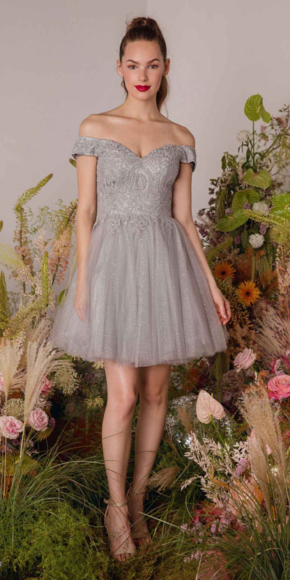 CLEARANCE - Eureka 9833 Short A-Line Off Shoulder Glitter Mesh Dress (Size M) by DiscountDressShop