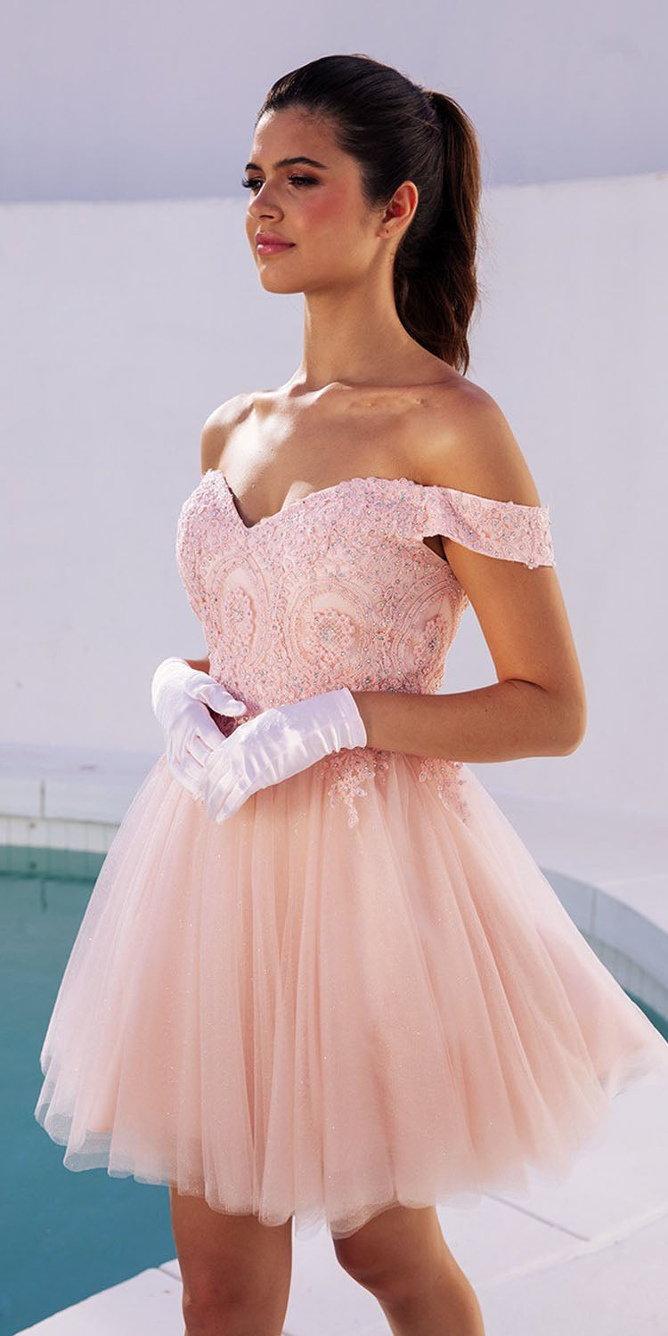 CLEARANCE - Eureka 9833 Short A-Line Off Shoulder Glitter Mesh Dress (Size M) by DiscountDressShop