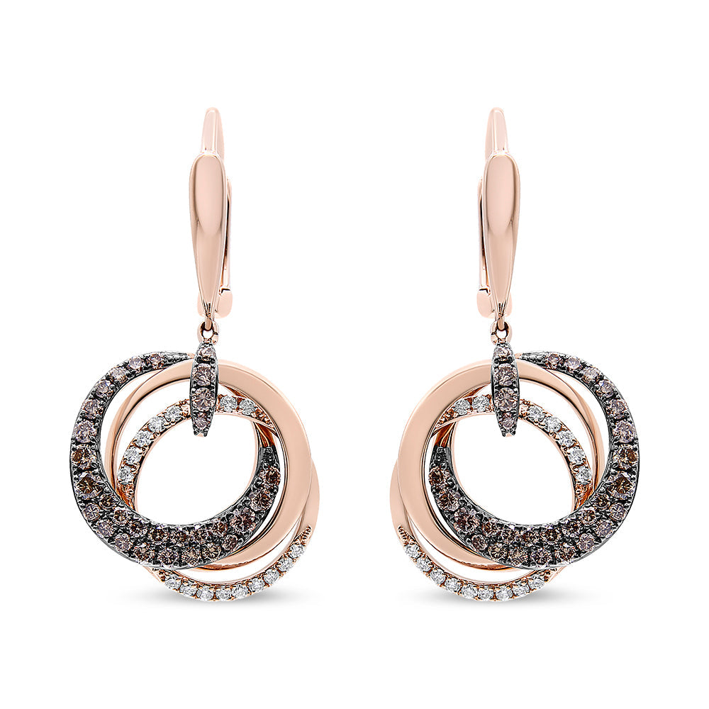 14K Rose Gold 1.00 Cttw White and Brown Diamond Intertwining Hoops and Circle Dangle Earrings (H-I/Brown Color, SI1-SI2 Clarity) by Bids.com