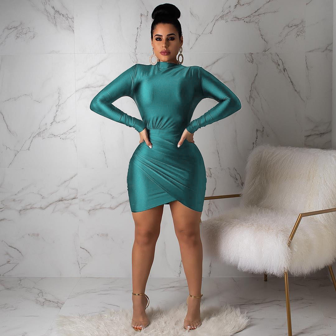 Slim Fit Sheath Fitted Waist Pleated Long Sleeve Dress Nightclub by Ragazza