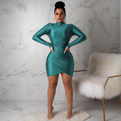 Slim Fit Sheath Fitted Waist Pleated Long Sleeve Dress Nightclub by Ragazza
