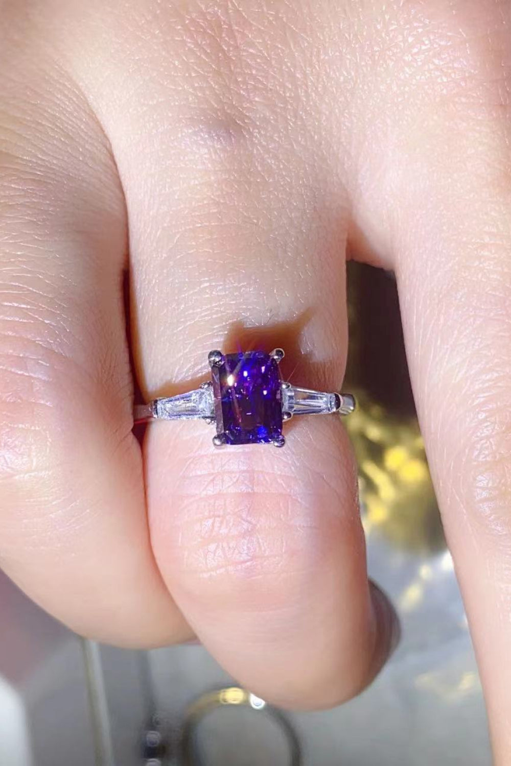 1 Carat Purple Emerald-Cut Sparkala™ Platinum-Plated Rectangle Ring in Purple by Sparkala