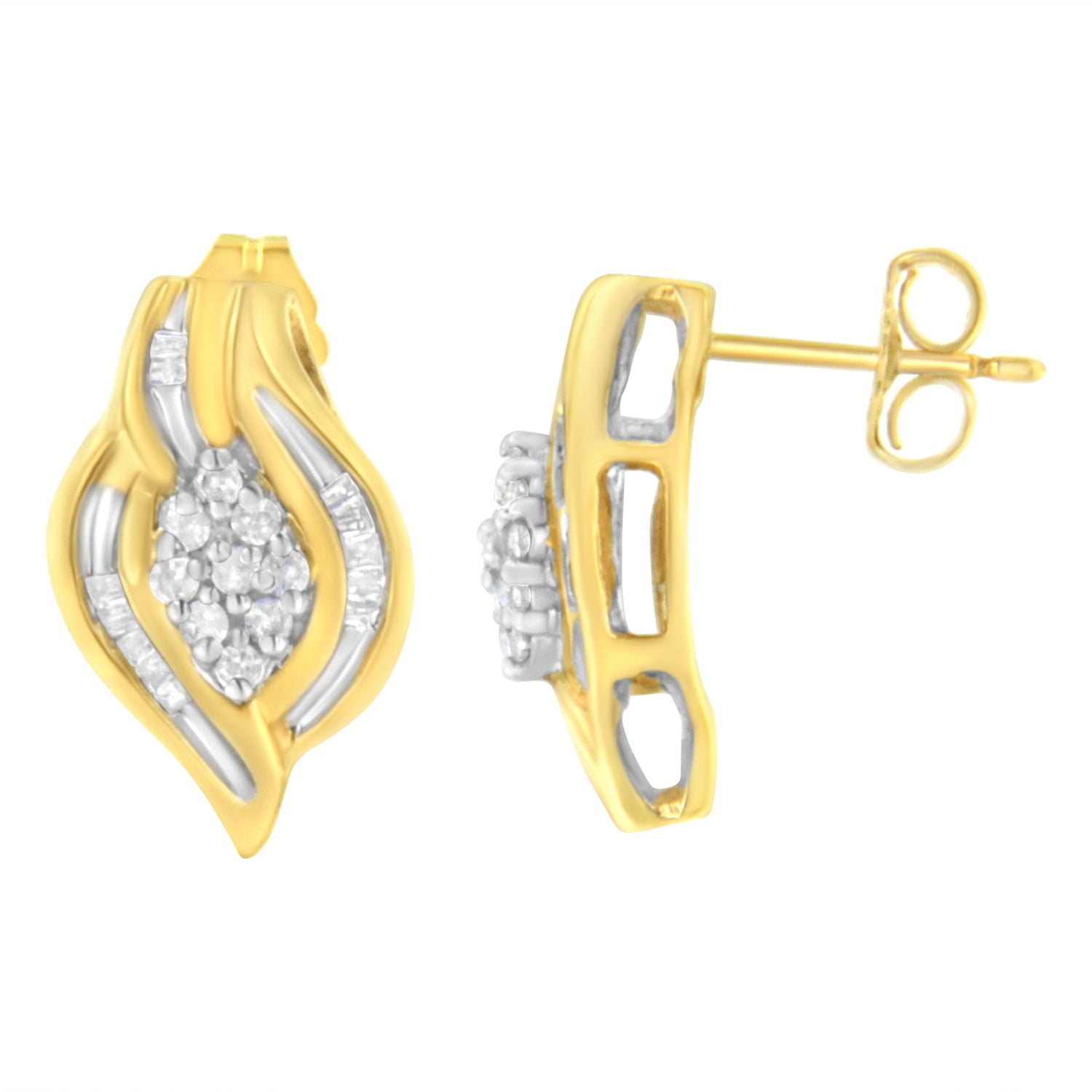 10K Yellow Gold 1/3 cttw Round-Cut Diamond Cluster and Swirl Stud Earrings (J-K Clarity, I2-I3 Color) by Bids.com