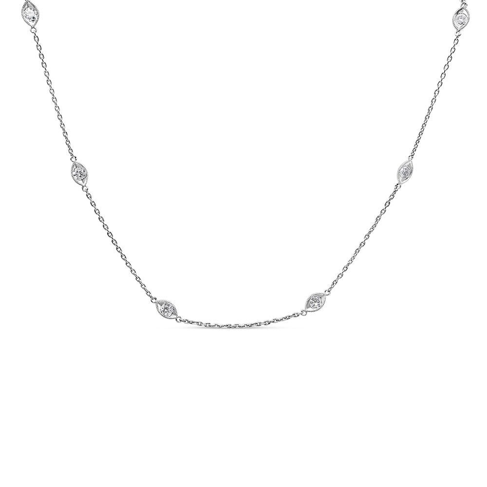 14K White Gold 1.00 Cttw Bezel Set Round Diamond Marquise Shaped Milgrain Station 18" Collar Necklace (G-H Color, SI1-SI2 Clarity) by Bids.com