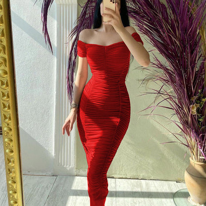 Solid Color Dress Elegant Summer Women Clothing off-Shoulder Pleated Dress by Ragazza