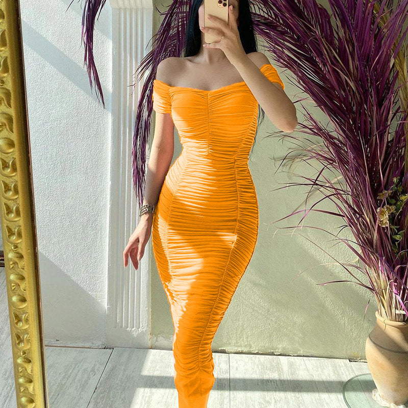 Solid Color Dress Elegant Summer Women Clothing off-Shoulder Pleated Dress by Ragazza