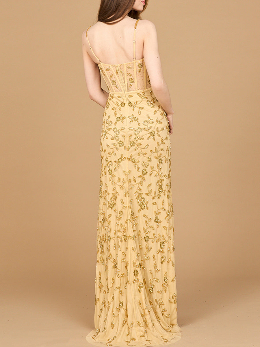 Beaded Corset Gown with Slit by Lara New York