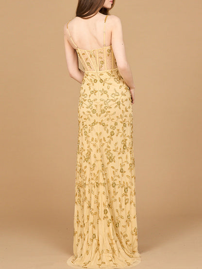 Beaded Corset Gown with Slit by Lara New York
