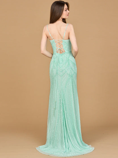 Beaded Lace-up Dress with Slit by Lara New York
