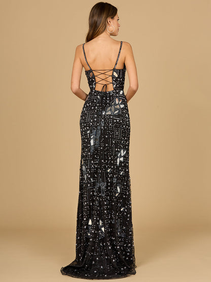 Mirror Beaded Gown With High Slit by Lara New York