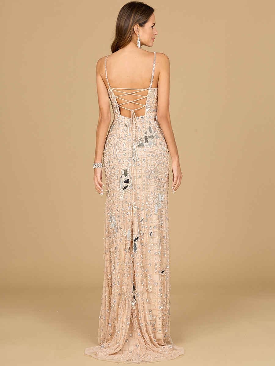 Mirror Beaded Gown With High Slit by Lara New York