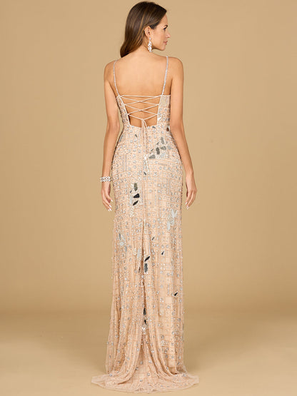 Mirror Beaded Gown With High Slit by Lara New York
