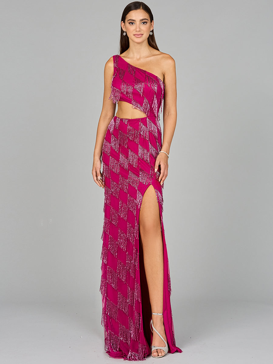 One Shoulder Fringe Gown by Lara New York