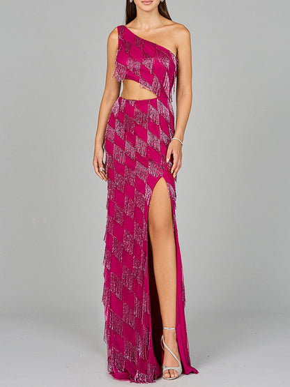 One Shoulder Fringe Gown by Lara New York