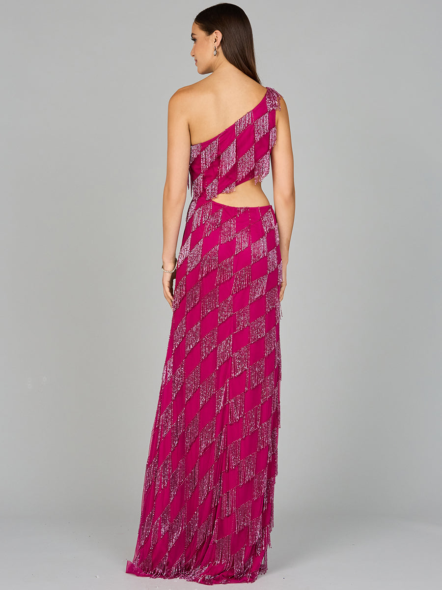 One Shoulder Fringe Gown by Lara New York