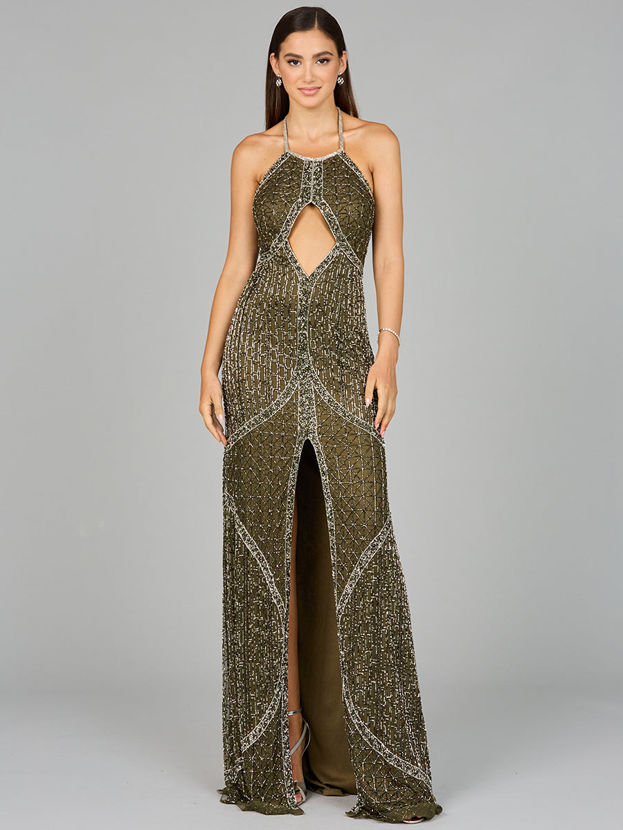 Symmetrical Halter Neck Beaded Gown - OUTLET by Lara New York