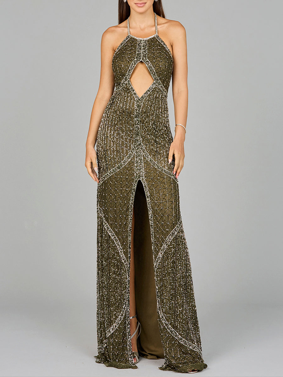 Symmetrical Halter Neck Beaded Gown - OUTLET by Lara New York