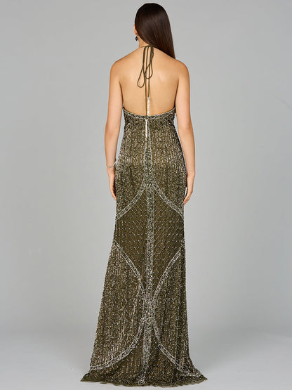 Symmetrical Halter Neck Beaded Gown - OUTLET by Lara New York