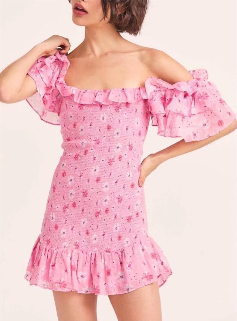 French Elastic Wrapped Chest Flying Sleeves Printed Dress Women Elastic Slimming Square-Cut Collar Hip by Ragazza