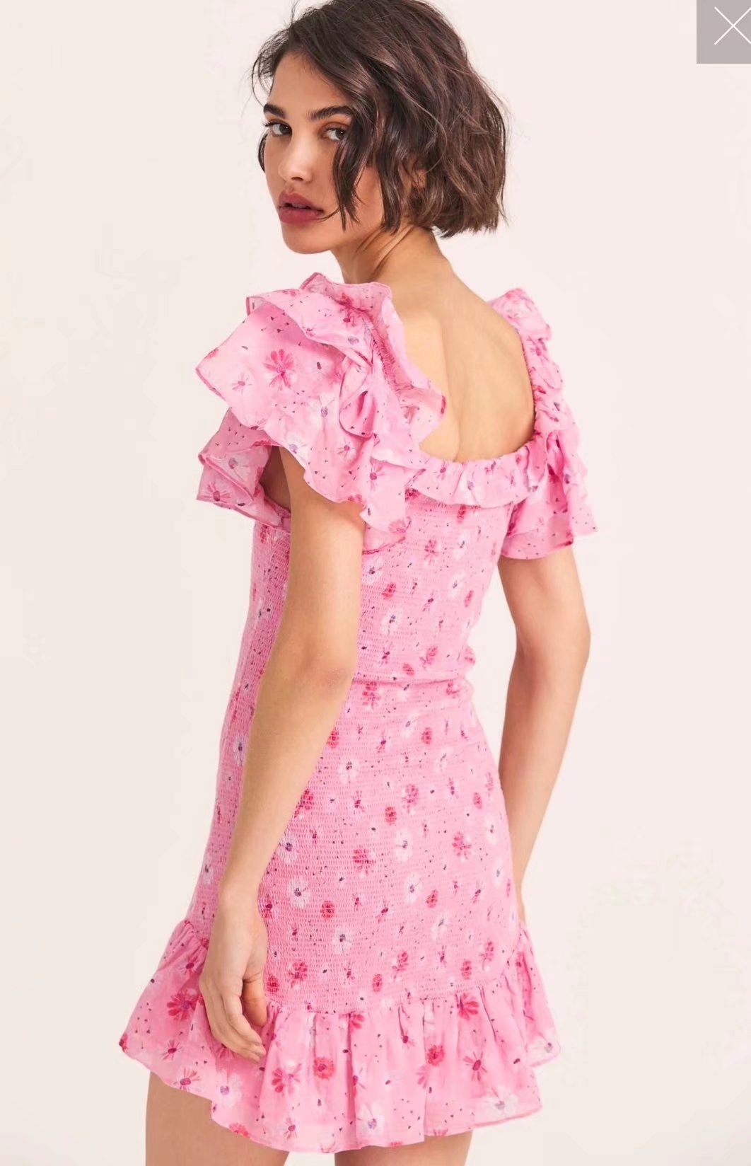 French Elastic Wrapped Chest Flying Sleeves Printed Dress Women Elastic Slimming Square-Cut Collar Hip by Ragazza