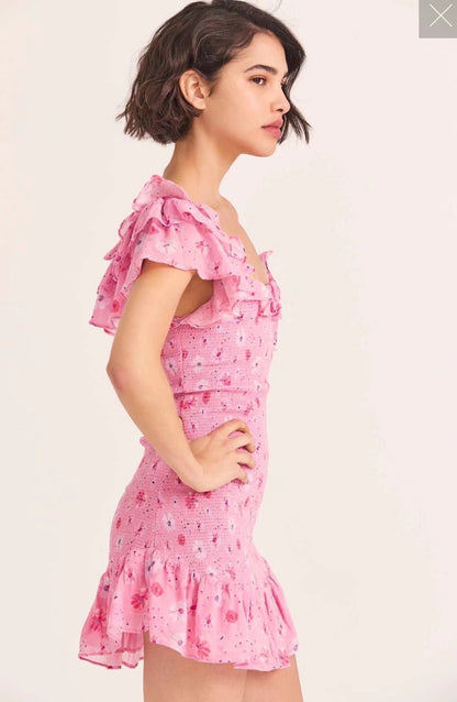 French Elastic Wrapped Chest Flying Sleeves Printed Dress Women Elastic Slimming Square-Cut Collar Hip by Ragazza