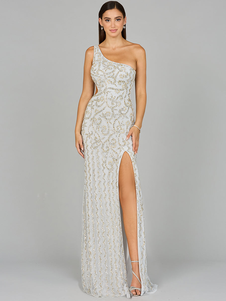 One-Shoulder Beaded Gown with Slit by Lara New York