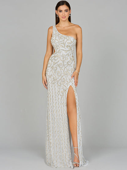 One-Shoulder Beaded Gown with Slit by Lara New York