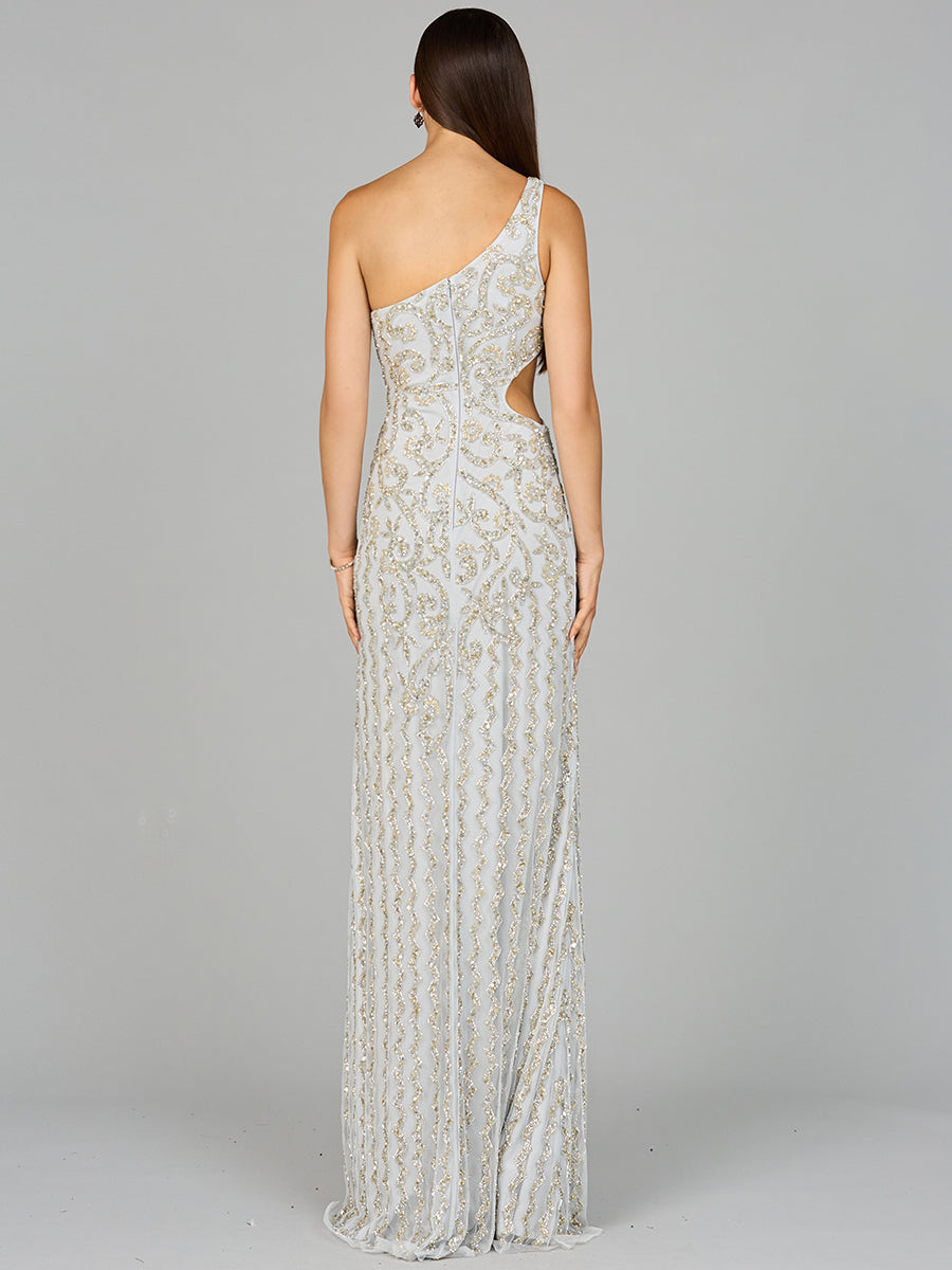 One-Shoulder Beaded Gown with Slit by Lara New York