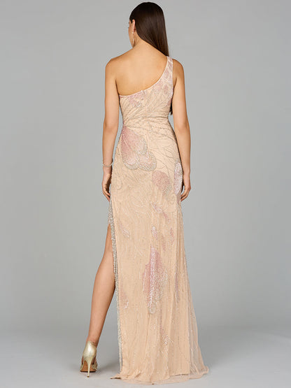 One Shoulder Beaded Gown with Fringe Slit by Lara New York