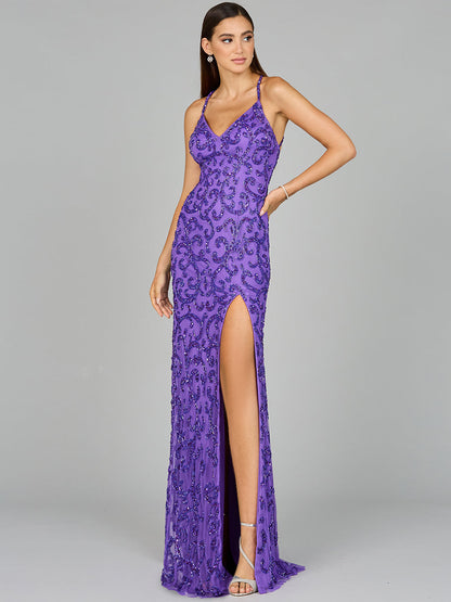 Sultry Beaded Gown with Slit by Lara New York